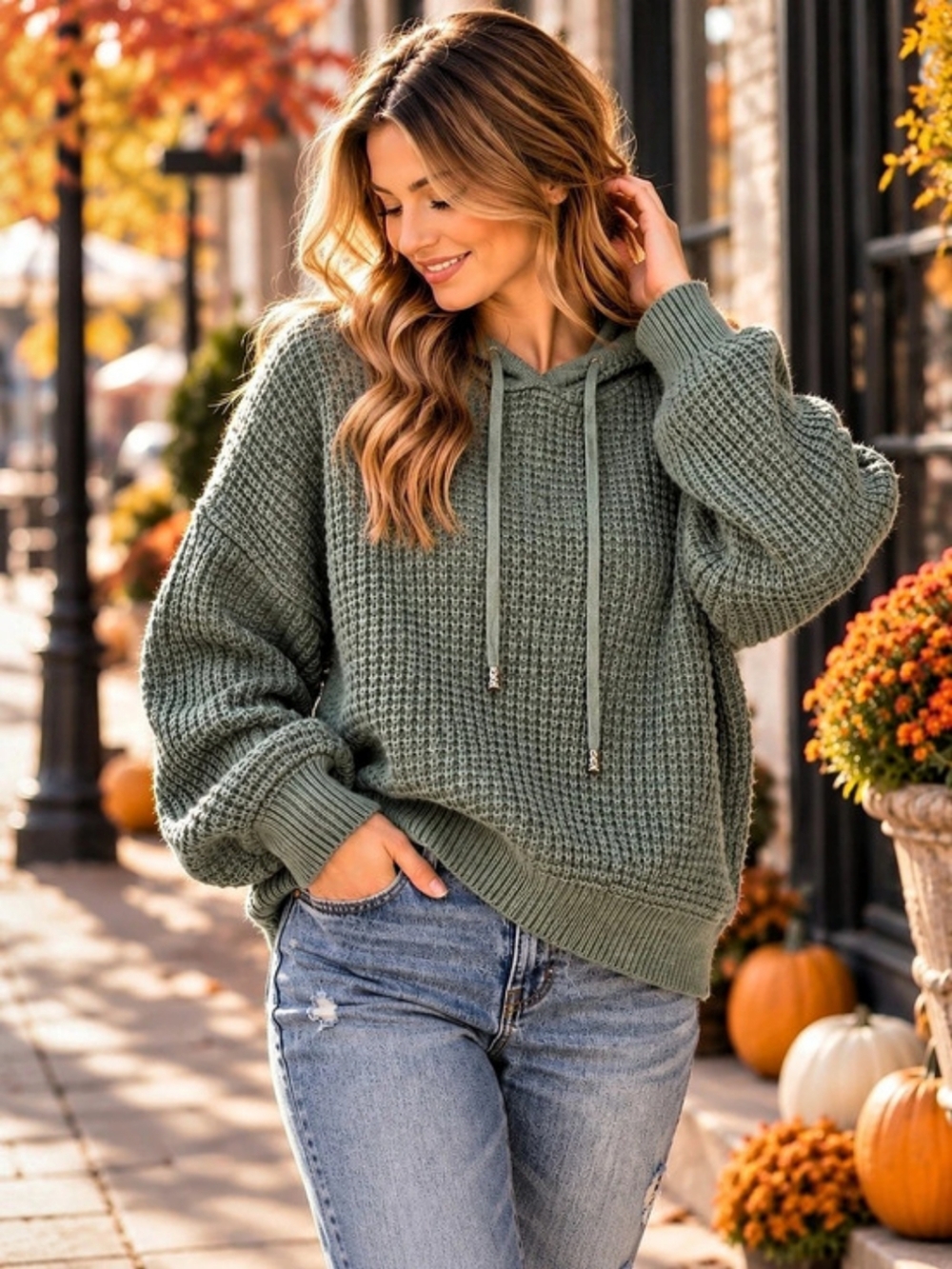 Textured Sage Green Knit Hoodie Size L